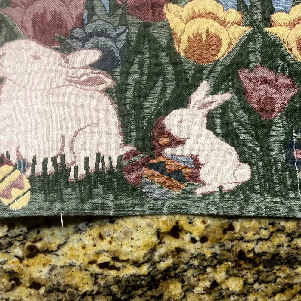 Easter Bunny Woven Tapestry Table Runner Spring Tulips Eggs‎ 72 Inch Cottagecore